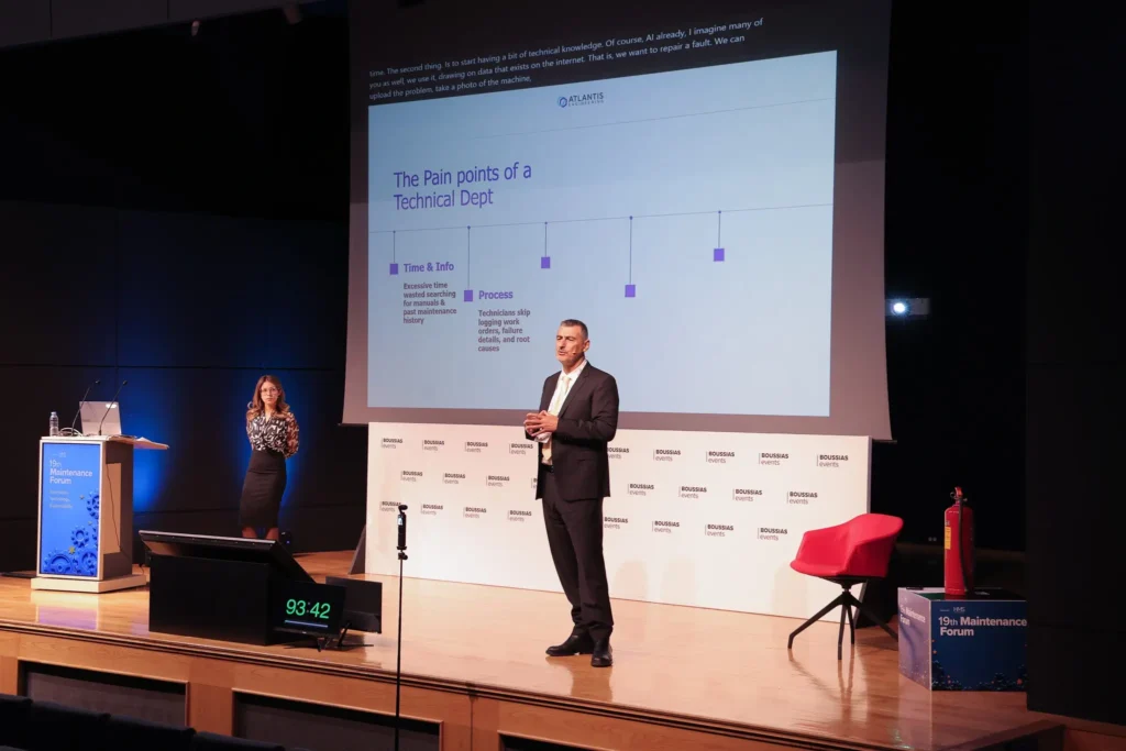 Geore Efremidis and Magdalini Aristeridou from Atlantis Engineering speaking on stage at 19th Maintenance Forum 2026